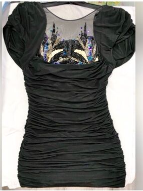 Black Fitted Mini Dress with Beaded Sheer Top & Draped Back - Like New